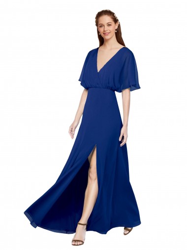V-Neck Chiffon Flutter Sleeves Open Back Royal Blue Bridesmaid Dress / Evening Gowns Edinburgh