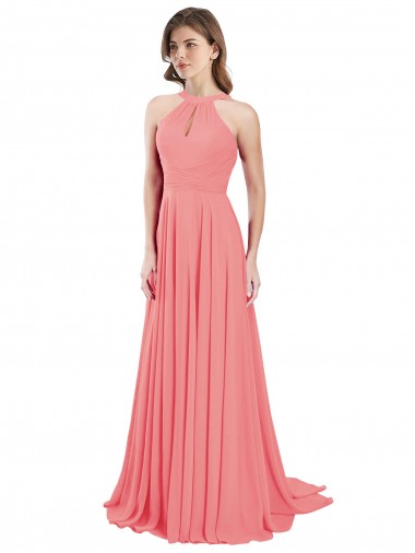 Halter Neck Chiffon Sleeveless Criss Cross Back Watermelon Bridesmaid Dress / Evening Dress Edinburgh