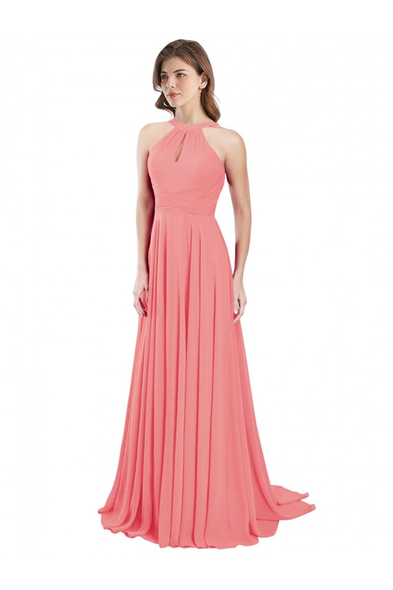 Halter Neck Chiffon Sleeveless Criss Cross Back Watermelon Bridesmaid Dress / Evening Dress Edinburgh