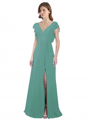 V-Neck Soft Chiffon Cap Sleeves V-Back Icelandic Silver Formal Dress / Bridesmaid Dress Edinburgh