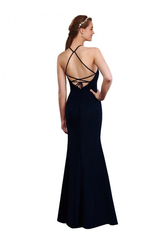 Halter Neck Soft Chiffon Sleeveless Criss Cross Open Back Dark Navy Bridesmaid Dress Edinburgh