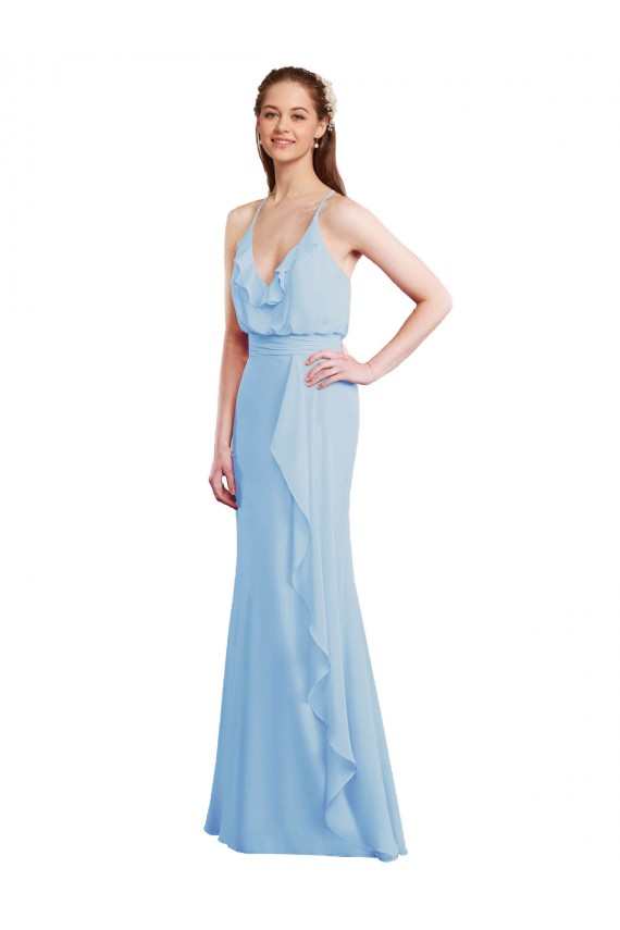 Spaghetti Straps Soft Chiffon Sleeveless Long Light Sky Blue Bridesmaid Dress Edinburgh