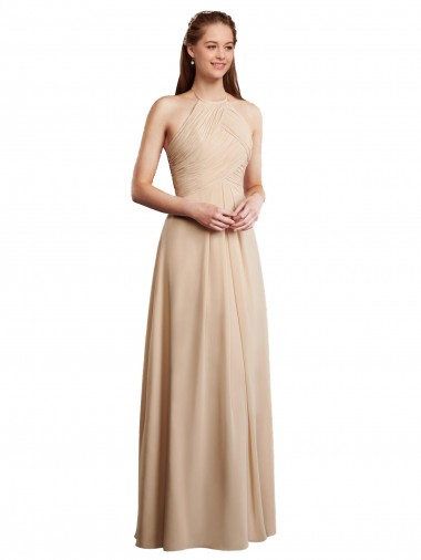 Halter Neck Soft Chiffon Sleeveless Low Back Champagne Bridesmaid Dress Edinburgh