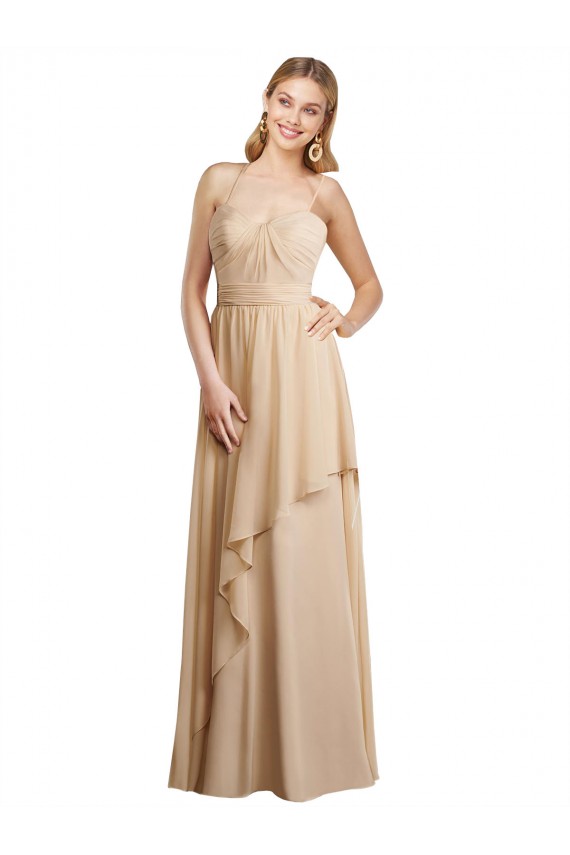 Spaghetti Straps Soft Chiffon Sleeveless Criss Cross Open Back Champagne Bridesmaid Dress Edinburgh