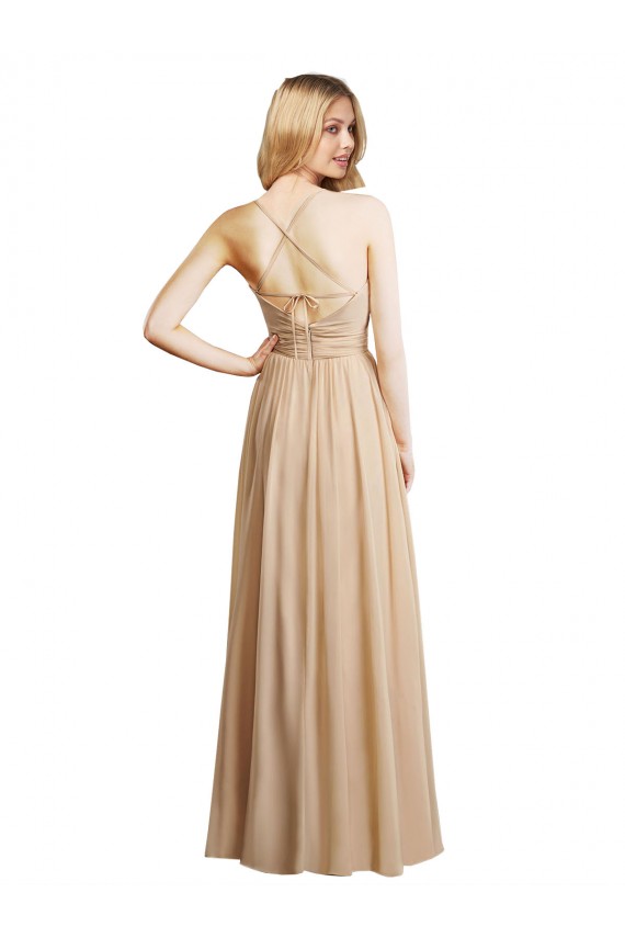 Spaghetti Straps Soft Chiffon Sleeveless Criss Cross Open Back Champagne Bridesmaid Dress Edinburgh