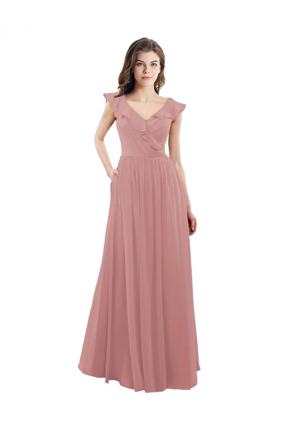 V-Neck Soft Chiffon Cap Sleeves V-Back Dusty Pink Bridesmaid Dress Edinburgh