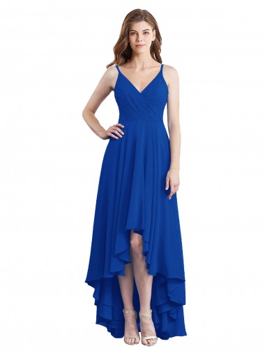 Spaghetti Straps Soft Chiffon Sleeveless Open Back Royal Blue High Low Bridesmaid Dress Edinburgh