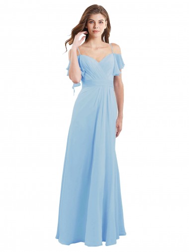 Spaghetti Straps Soft Chiffon Cold Shoulder Low Back Light Sky Blue Bridesmaid Dress Edinburgh
