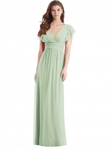 V-Neck Soft Chiffon Flutter Sleeves Open Back Sage Bridesmaid Dress Edinburgh