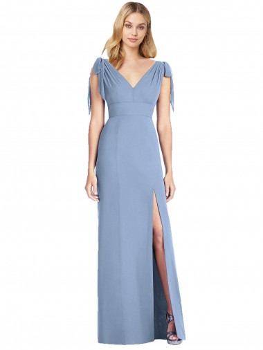 V-Neck Soft Chiffon Sleeveless Long Dusty Blue Bridesmaid Dress Edinburgh