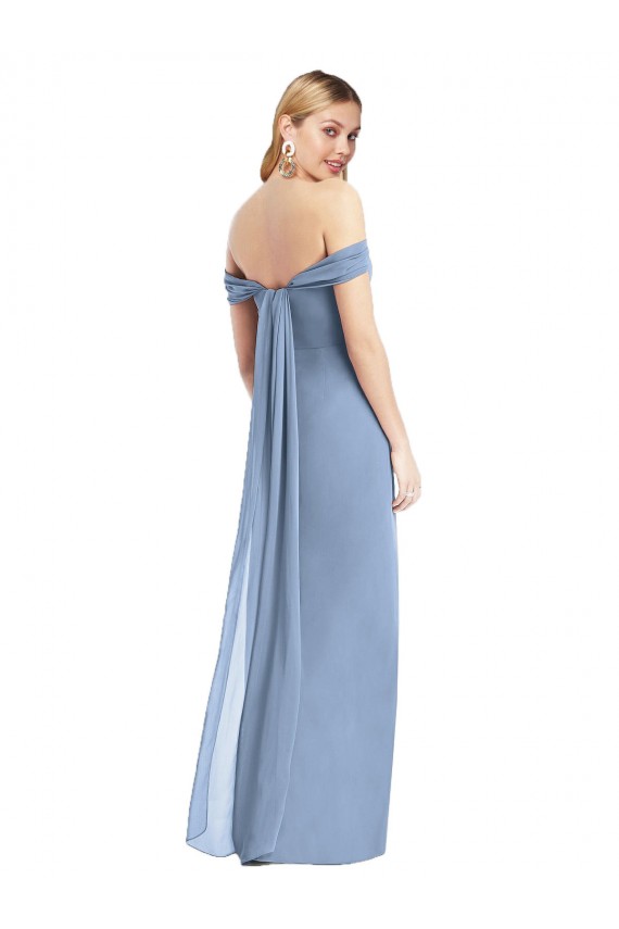 Off the Shoulder Soft Chiffon Sleeveless Low Back Dusty Blue Semi Formal Evening Dress / Bridesmaid Dress Edinburgh