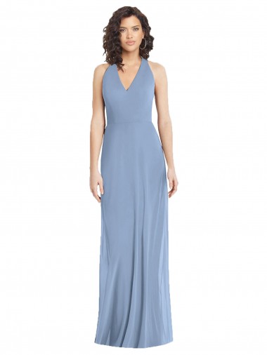 Halter Neck Soft Chiffon Sleeveless Open Back Dusty Blue Formal Evening Gown / Bridesmaid Dress Edinburgh