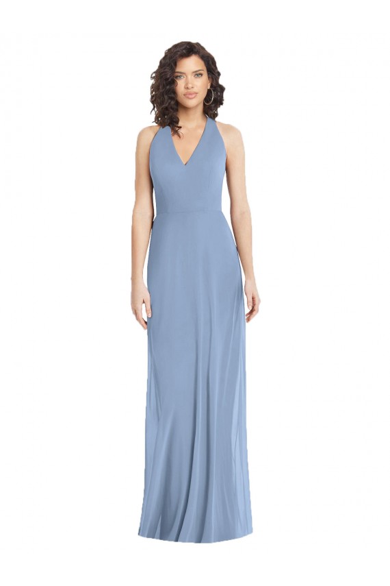 Halter Neck Soft Chiffon Sleeveless Open Back Dusty Blue Formal Evening Gown / Bridesmaid Dress Edinburgh
