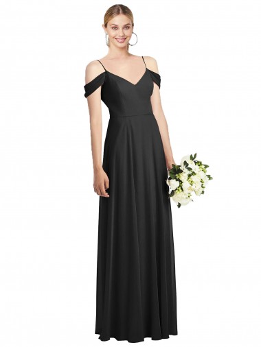 Spaghetti Straps Soft Chiffon Cold Shoulder Black Semi Formal Evening Dress / Bridesmaid Dress Edinburgh