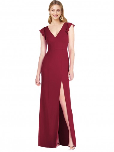 V-Neck Soft Chiffon Ruffle Sleeves Tie Back Burgundy Bridesmaid Dress Edinburgh