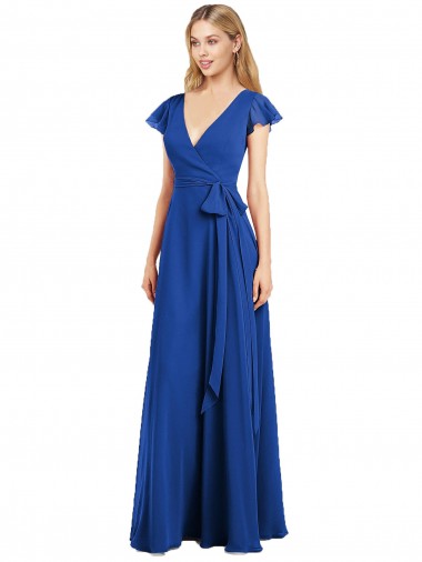 V-Neck Lxue Chiffon Flutter Sleeves Royal Blue Bridesmaid Dress Edinburgh