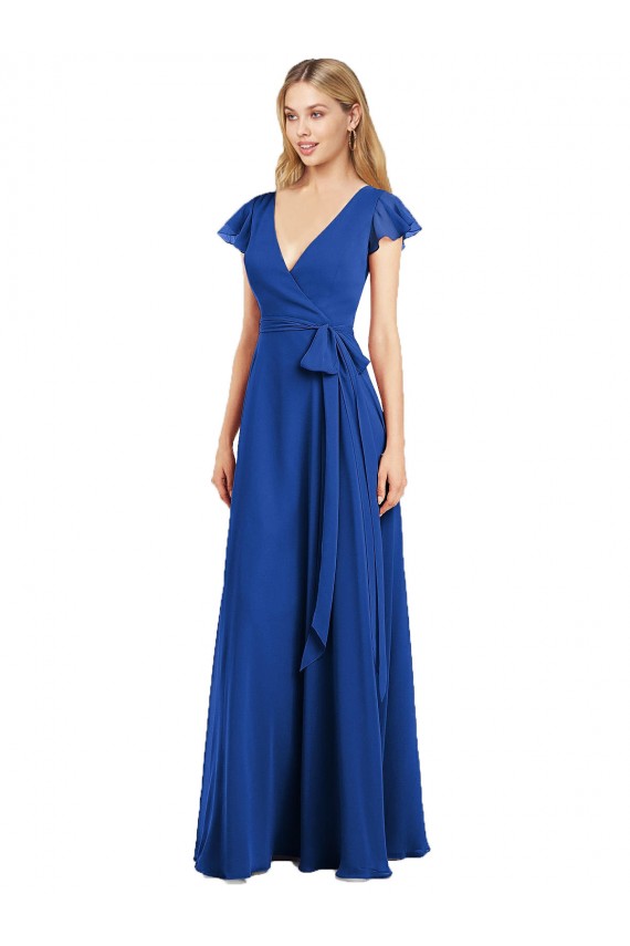 V-Neck Lxue Chiffon Flutter Sleeves Royal Blue Bridesmaid Dress Edinburgh