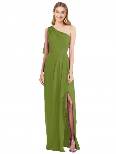 One Shoulder Soft Chiffon Sleeveless Olive Green Bridesmaid Dress Edinburgh