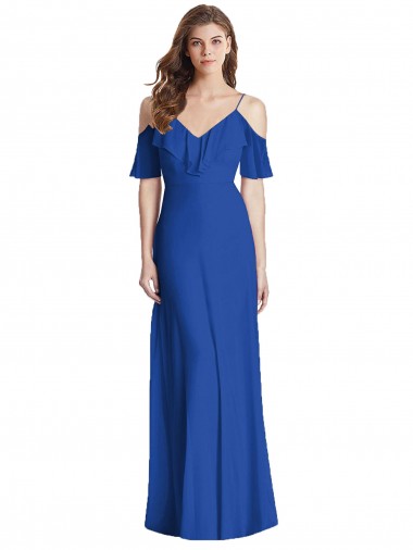 Spaghetti Straps Soft Chiffon Cold Shoulder V-Back Royal Blue Semi Formal Evening Dress / Bridesmaid Dress Edinburgh