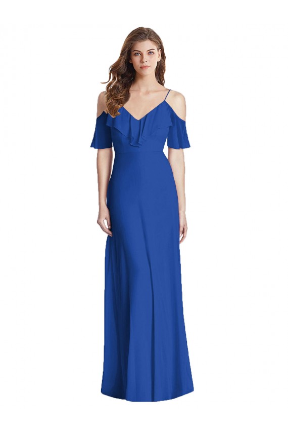 Spaghetti Straps Soft Chiffon Cold Shoulder V-Back Royal Blue Semi Formal Evening Dress / Bridesmaid Dress Edinburgh