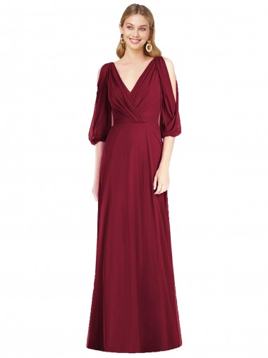 V-Neck Soft Chiffon Bell Sleeves V-Back Burgundy Formal Dress / Bridesmaid Dress Edinburgh