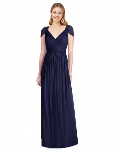 V-Neck Soft Chiffon Cap Sleeves Open Back Dark Navy Bridesmaid Dress Edinburgh