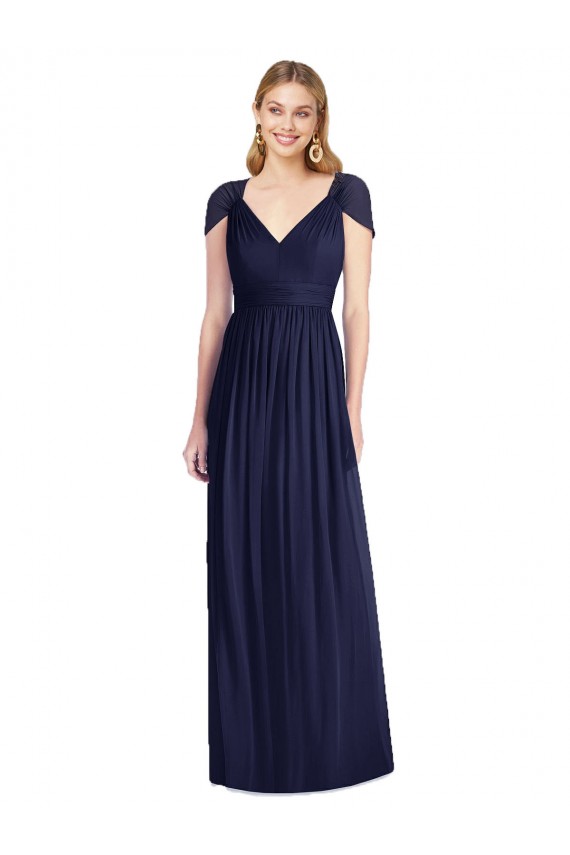 V-Neck Soft Chiffon Cap Sleeves Open Back Dark Navy Bridesmaid Dress Edinburgh