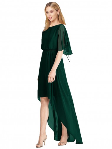 Round Neck Soft Chiffon Flutter Sleeves Open Back Ever Green High Low Bridesmaid Dress Edinburgh