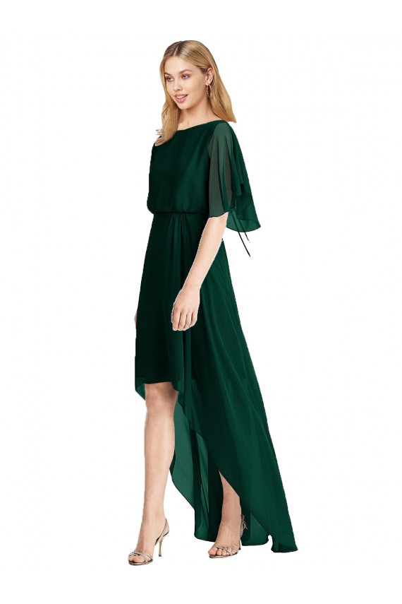 Round Neck Soft Chiffon Flutter Sleeves Open Back Ever Green High Low Bridesmaid Dress Edinburgh