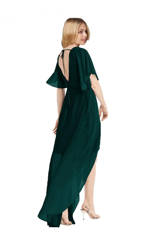 Round Neck Soft Chiffon Flutter Sleeves Open Back Ever Green High Low Bridesmaid Dress Edinburgh