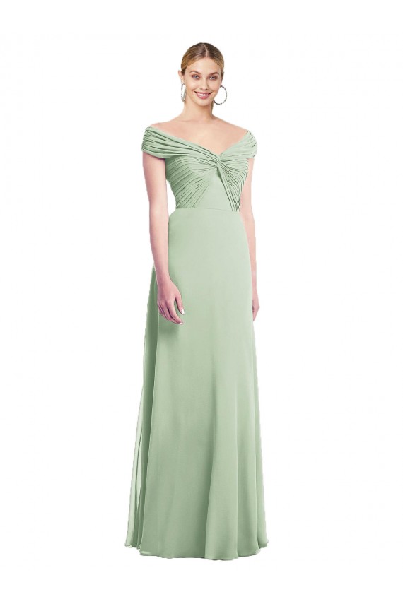 Off the Shoulder Soft Chiffon Sleeveless Sage Bridesmaid Dress Edinburgh