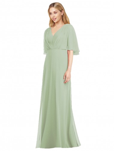 V-Neck Soft Chiffon Flutter Sleeves Smoke Green Bridesmaid Dress Edinburgh