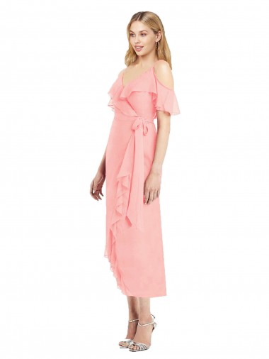 Spaghetti Straps Soft Chiffon Cold Shoulder Salmon High Low Bridesmaid Dress Edinburgh