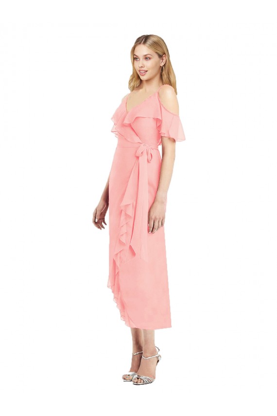 Spaghetti Straps Soft Chiffon Cold Shoulder Salmon High Low Bridesmaid Dress Edinburgh