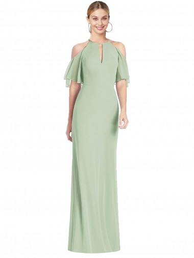 Halter Neck Soft Chiffon Cold Shoulder Sage Semi Formal Evening Dress / Bridesmaid Dress Edinburgh