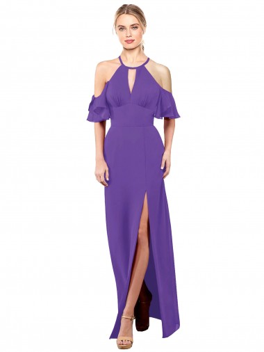Halter Neck Soft Chiffon Ruffle Sleeves Open Back Purple Bridesmaid Dress Edinburgh