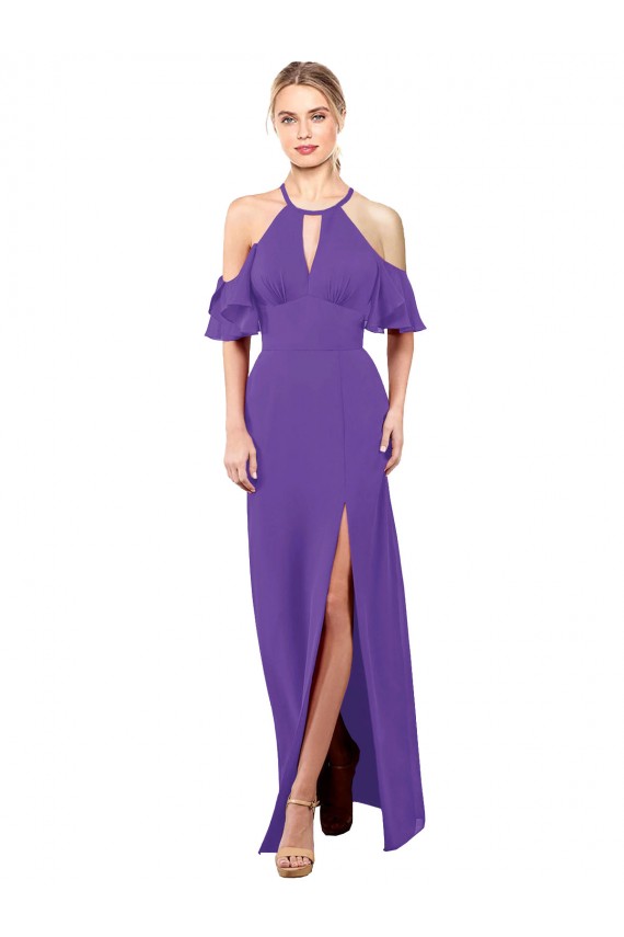 Halter Neck Soft Chiffon Ruffle Sleeves Open Back Purple Bridesmaid Dress Edinburgh
