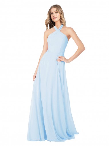 Halter Neck Chiffon Sleeveless Light Sky Blue Bridesmaid Dress / Evening Gowns Edinburgh