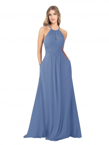 High Neck Soft Chiffon Sleeveless Open Back Windsor Blue Bridesmaid Dress Edinburgh