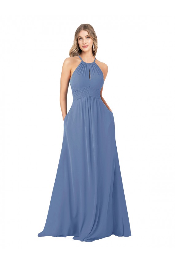 High Neck Soft Chiffon Sleeveless Open Back Windsor Blue Bridesmaid Dress Edinburgh