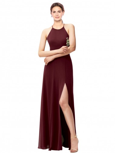Halter Neck Soft Chiffon Sleeveless Criss Cross Back Burgundy Gold Bridesmaid Dress Edinburgh