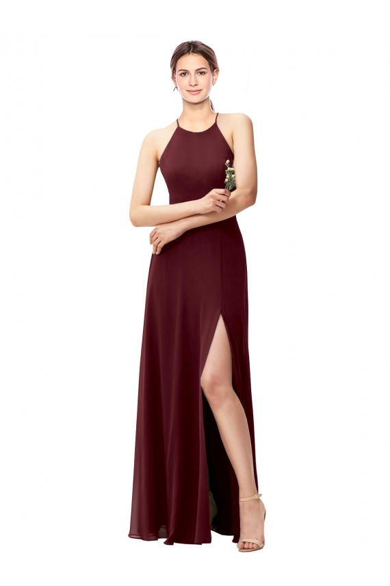 Halter Neck Soft Chiffon Sleeveless Criss Cross Back Burgundy Gold Bridesmaid Dress Edinburgh