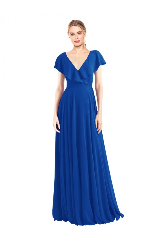 V-Neck Soft Chiffon Flutter Sleeves V-Back Royal Blue Bridesmaid Dress Edinburgh