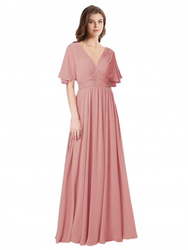 V-Neck Soft Chiffon Flutter Sleeves V-Back Bliss Pink Bridesmaid Dress Edinburgh