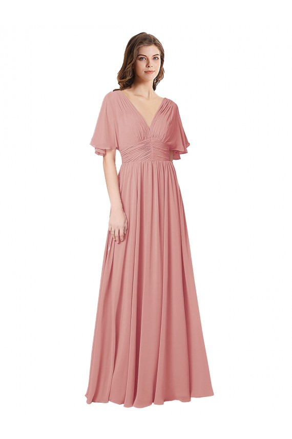 V-Neck Soft Chiffon Flutter Sleeves V-Back Bliss Pink Bridesmaid Dress Edinburgh