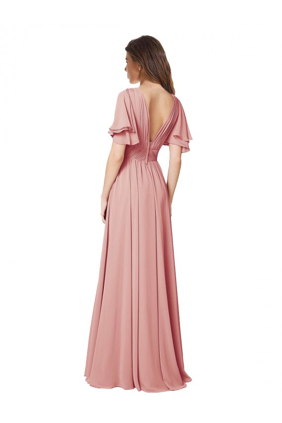 V-Neck Soft Chiffon Flutter Sleeves V-Back Bliss Pink Bridesmaid Dress Edinburgh
