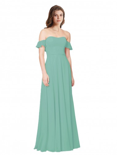 Off the Shoulder Soft Chiffon Flounce Sleeves Open Back Jade Bridesmaid Dress Edinburgh