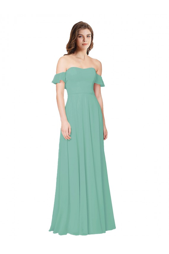 Off the Shoulder Soft Chiffon Flounce Sleeves Open Back Jade Bridesmaid Dress Edinburgh
