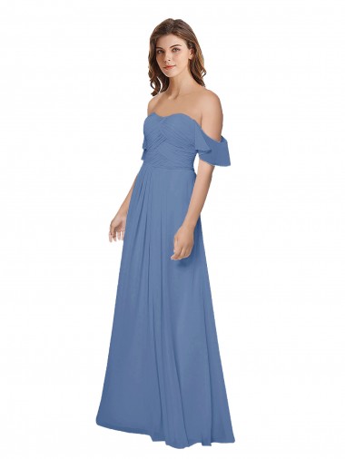 Off the Shoulder Soft Chiffon Flutter Sleeves Open Back Windsor Blue Bridesmaid Dress Edinburgh