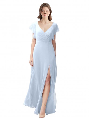 V-Neck Soft Chiffon Flutter Sleeves Open Back Light Sky Blue Bridesmaid Dress / Formal Dress Edinburgh